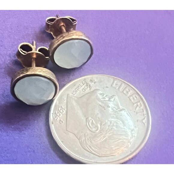 Vtg Vermeil Stud Earrings Aqua Faceted Cabochon Stones Minimalist Design Spring - Picture 3 of 6